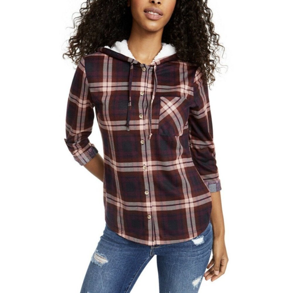 Poly Esther Pretty Pastel Large Plaid Trim Hoodie